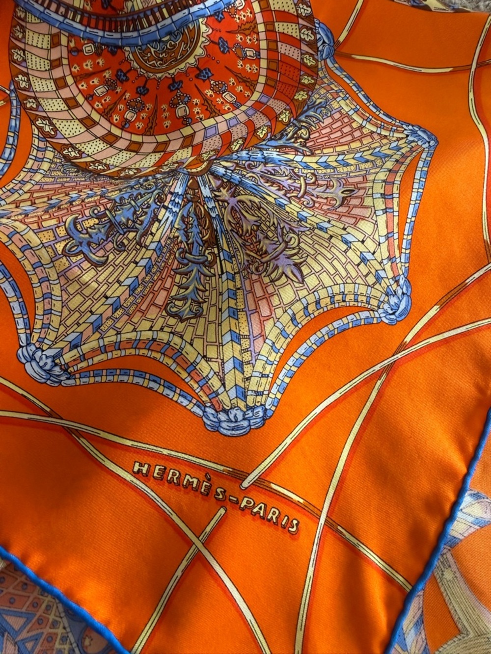 Hermès Celestial Dome Paris Orange VintageSilk Scarf with Blue and Cream Accents